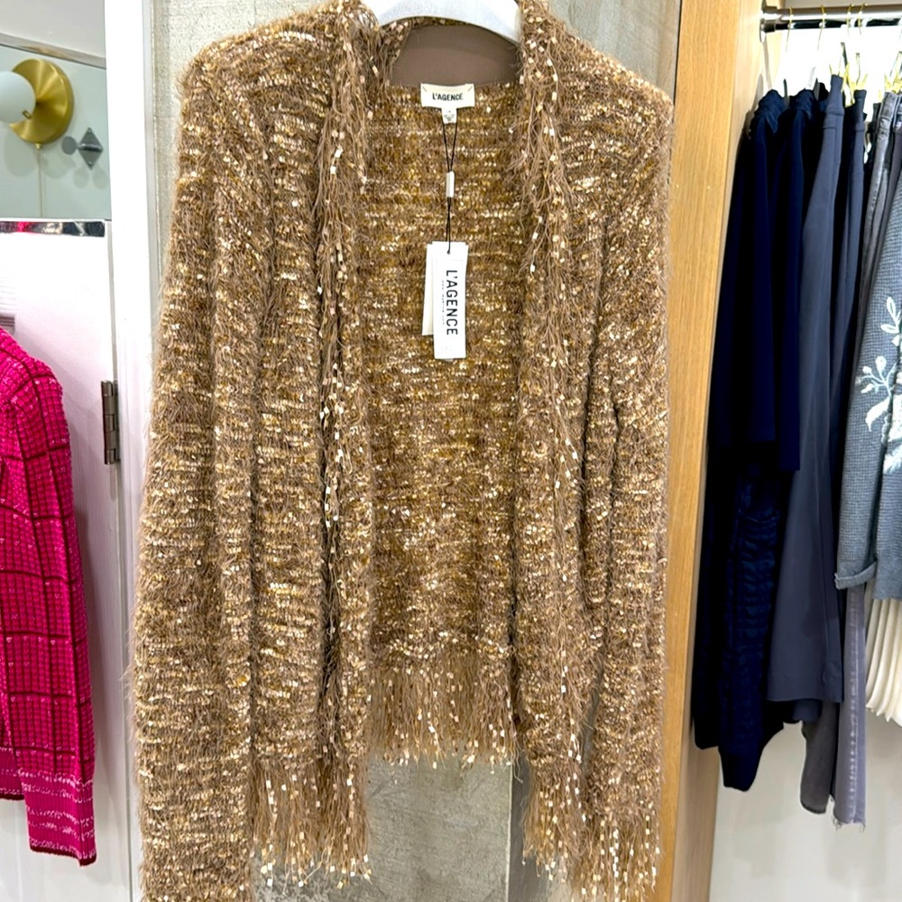 fabulous Boucle fringe detail cardigan in trendy brown and camel mix.